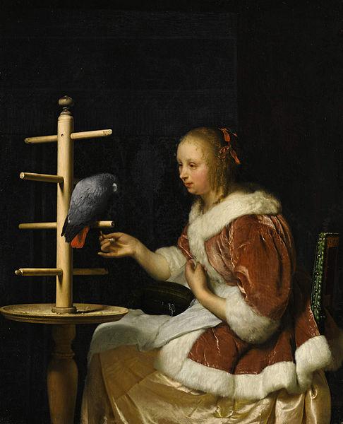 Frans van Mieris A Young Woman in a Red Jacket Feeding a Parrot Germany oil painting art